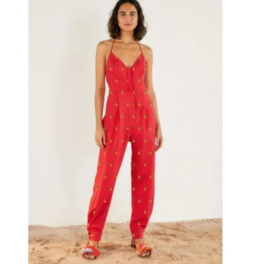 Farm Rio Jumpsuit Red with Pineapples. Size Large NWT